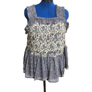 ROMANTIC GYPSY Tank Top Blue & White Smocked Ruched Bodice Sleeveless Size 2X